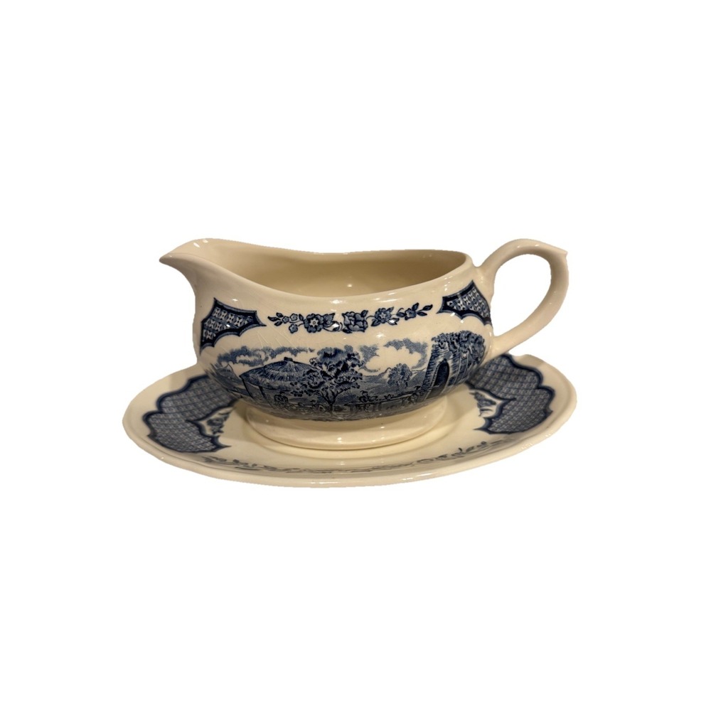 Vintage FAIR WINDS Gravy Boat & Saucer Alfred Meakin Blue & White Rare